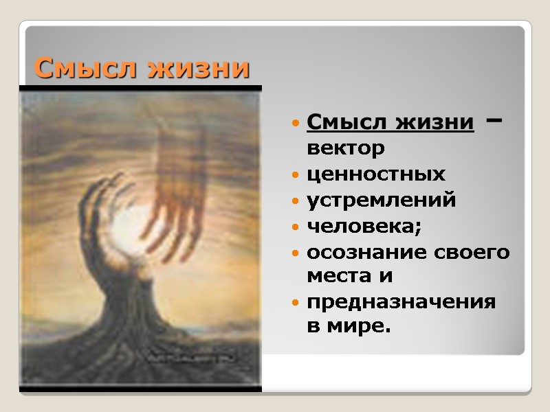 Смысл жизни Смысл жизни – вектор  ценностных  устремлений  человека;  осознание